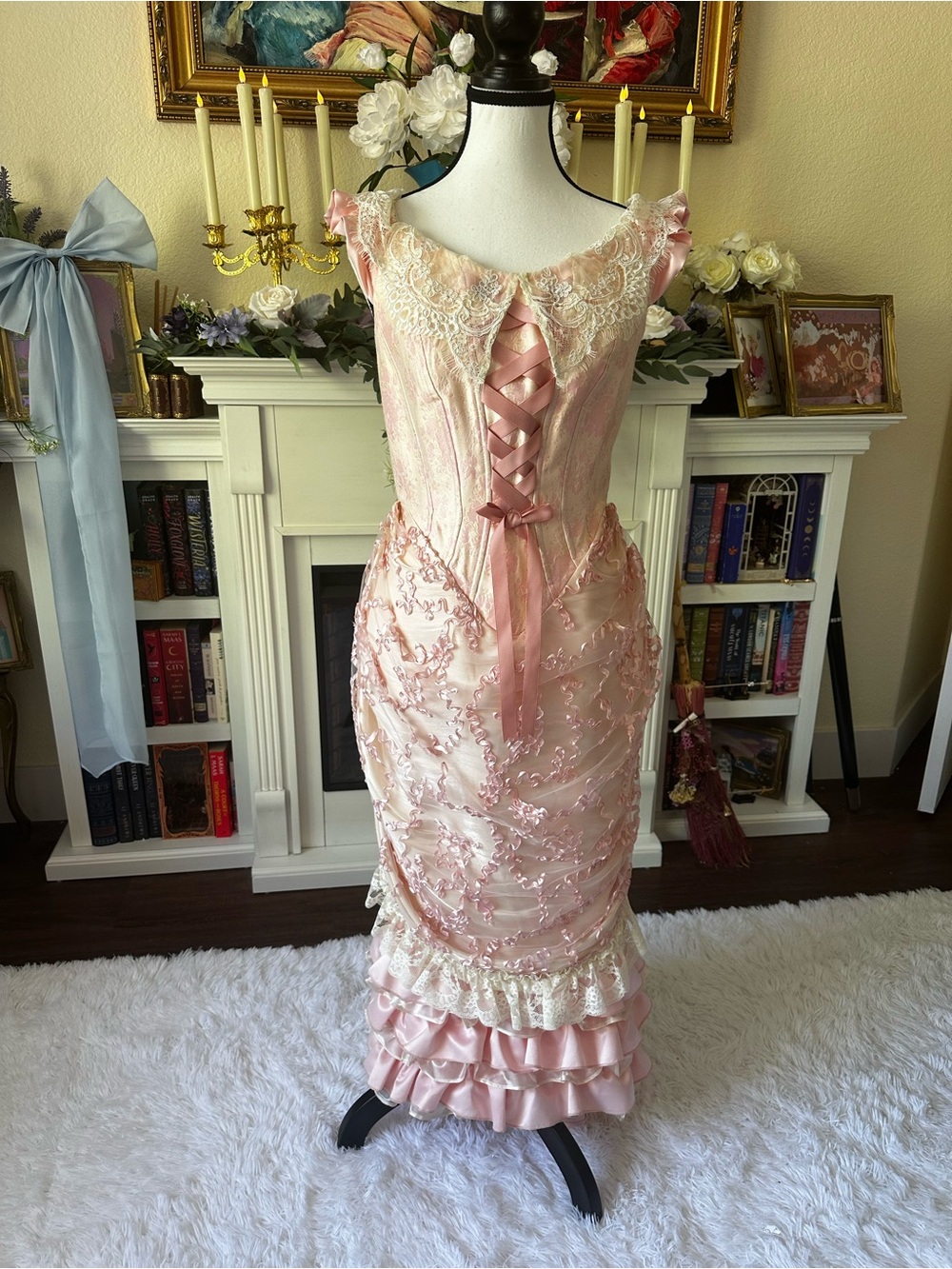 Vintage-Inspired Blush Pink Lace-Up Prom Dress
